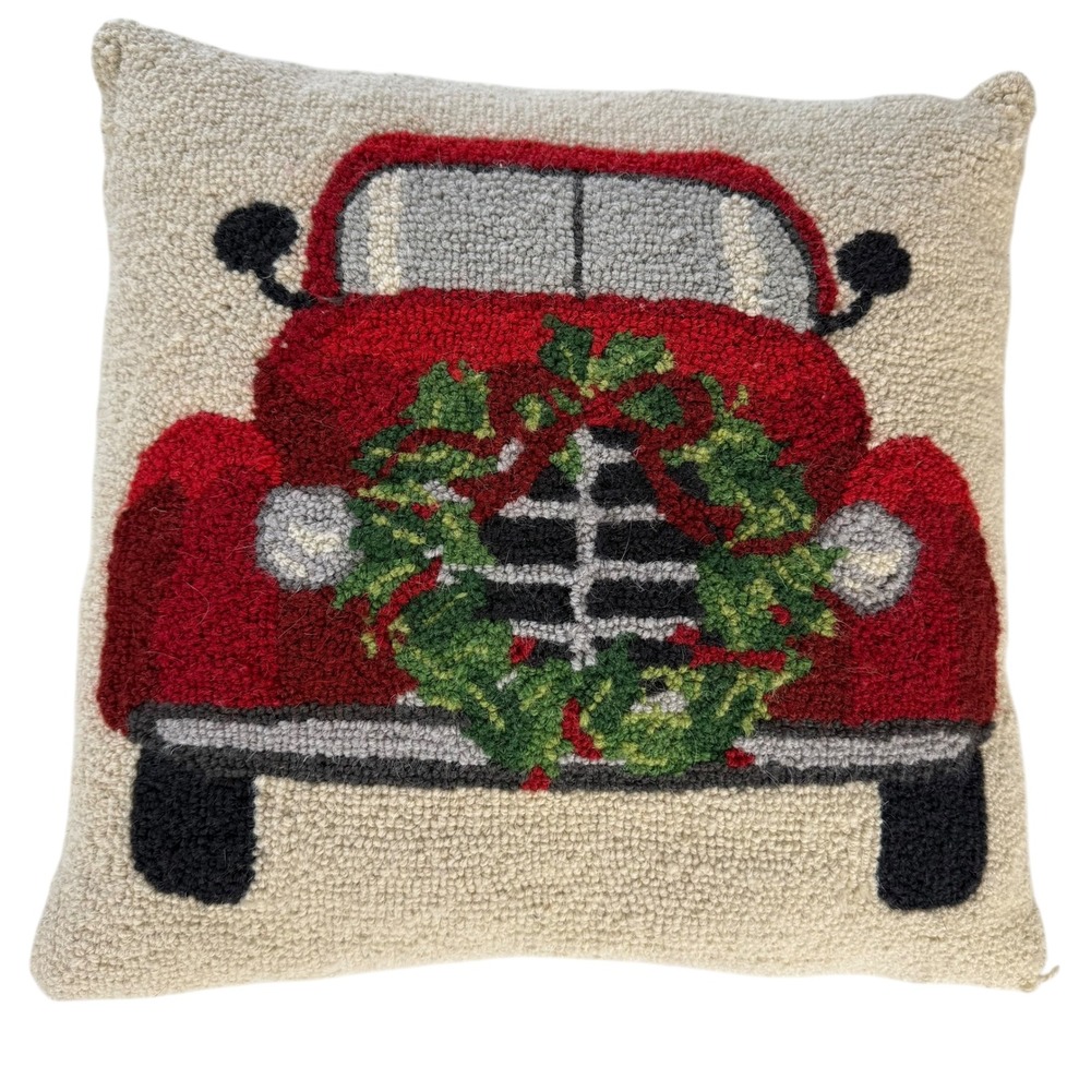 Christmas Red Vintage Truck Wool Hooked Throw Pillow 18x18 Holiday Farmhouse